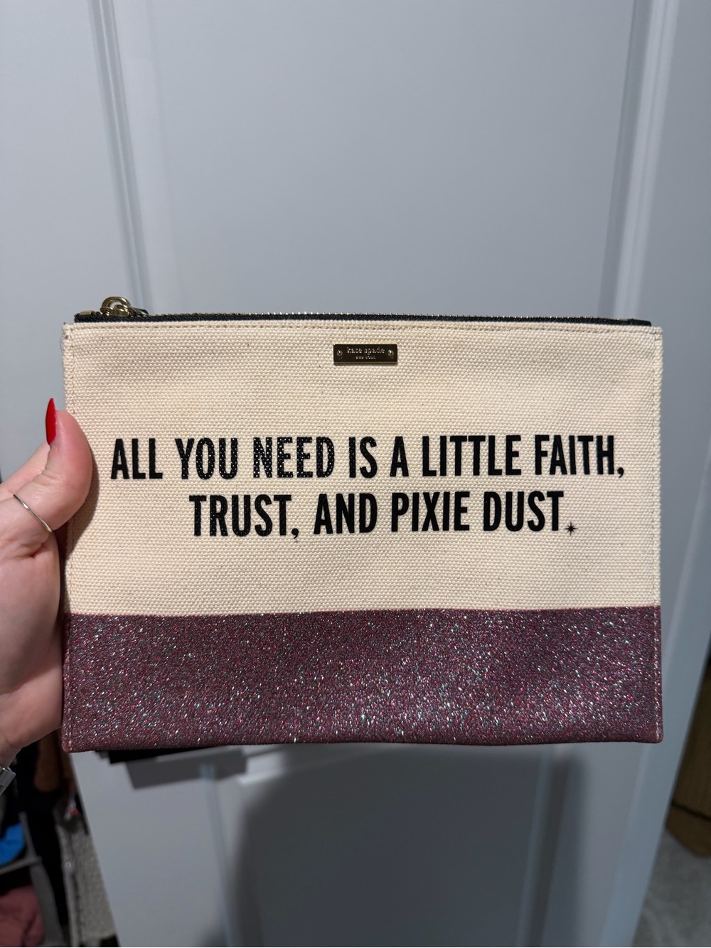 Kate Spade Disney Parks Cream and Pink Glitter Zip Pouch NWOT
